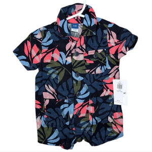 NWT Old Navy Tropical Printed Short-Sleeve Linen-Blend Utility Romper Baby 0-3